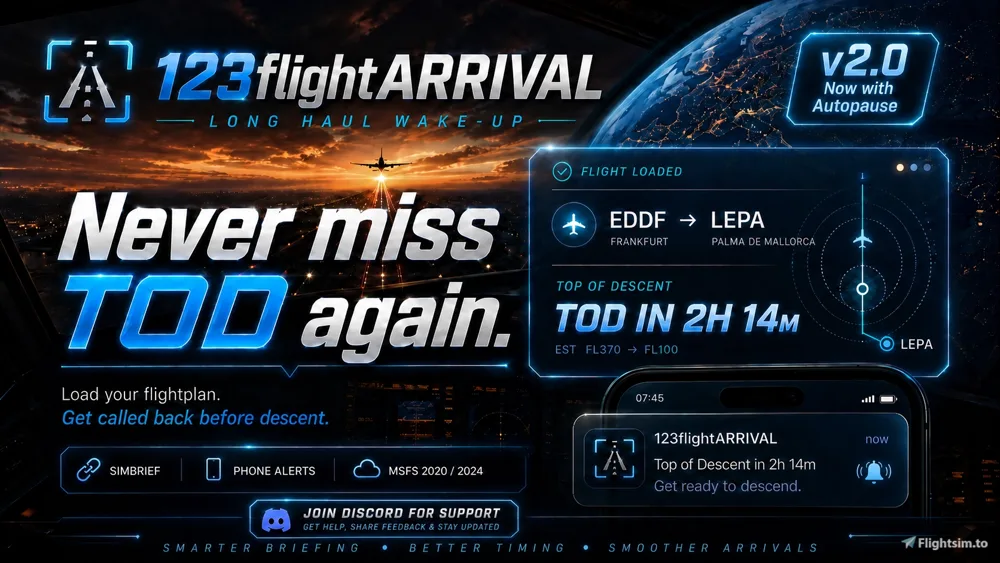 123flightARRIVAL promo artwork showing long-haul top of descent alerts