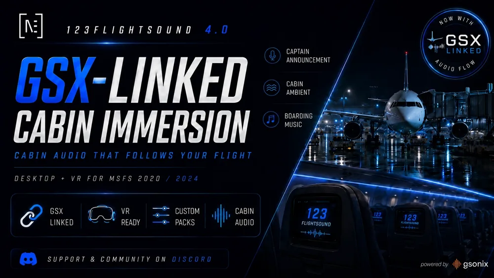 123flightSOUND promo artwork showing GSX-linked cabin immersion