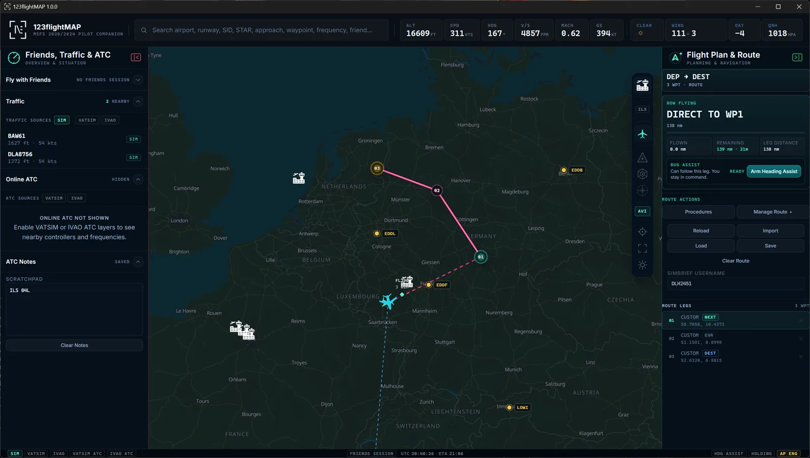 123flightMAP aviation map with route, traffic, online ATC and airport card