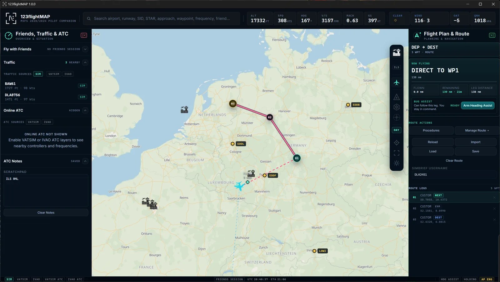 123flightMAP day map with route, traffic and airport layers