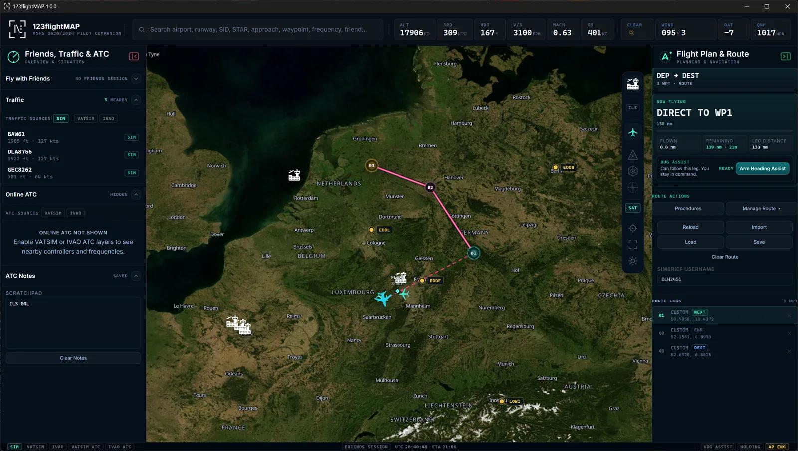 123flightMAP satellite map with route, online traffic and route panel