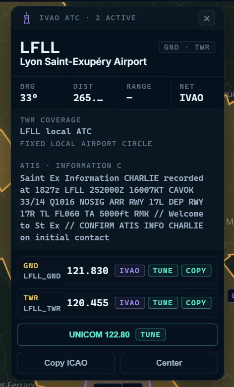Airport card showing live METAR and ATIS context in 123flightMAP