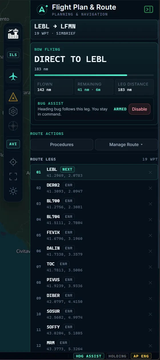 Flight plan and active route panel in 123flightMAP