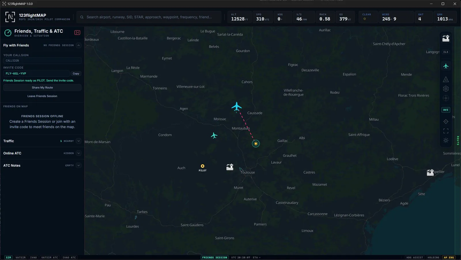 Private Fly Together session with friends visible on the 123flightMAP map